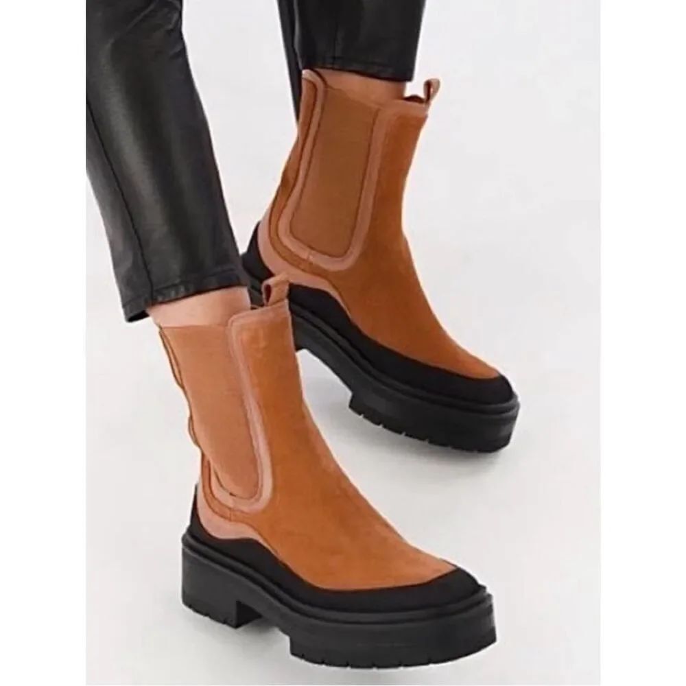 New Sam Edelman Suede Chelsea Boots Lug Sole Platform Ankle Tan Brown Women’s 7